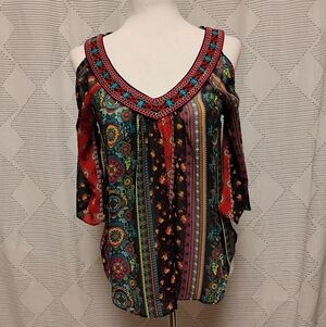 No Boundaries Colorful Sheer Top Peakaboo Shoulders Juniors Medium